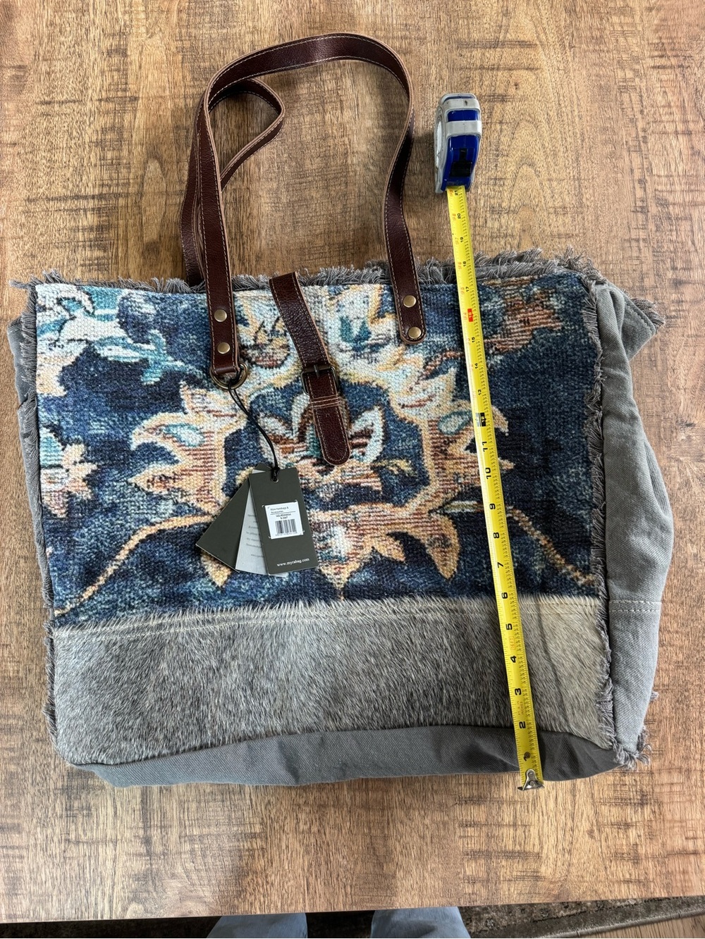 Myra Bag Blue and Brown Patterned Tote with Leather Straps